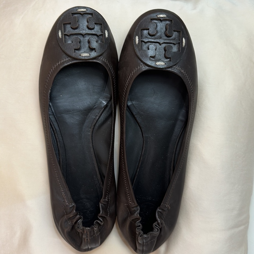 Tory Burch Brown Leather Slip-On Loafers with Embossed Logo